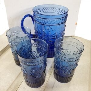 Vintage 4pc cobalt blue glass Pitcher & 3 glasses set floral leaf patterned